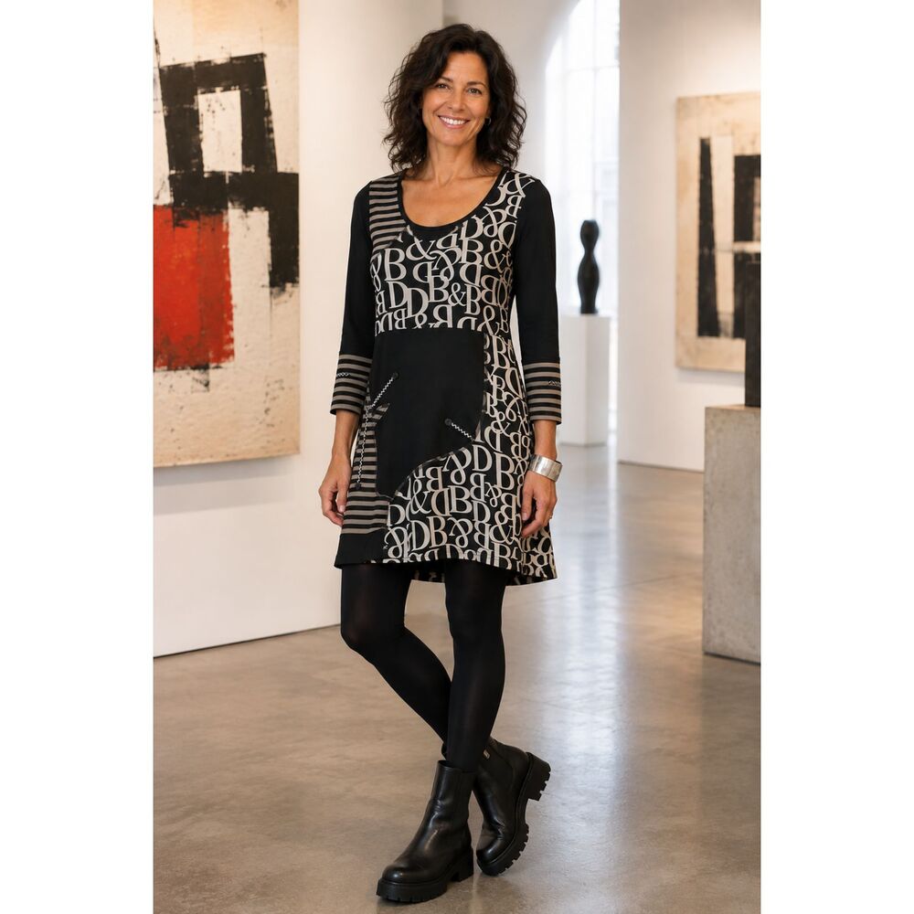 Linea Domani Women's M Black Alphabet Dress Tunic Mixed Print Artsy Lagenlook